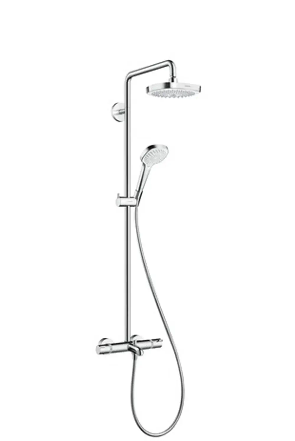 Hansgrohe Duschsystem mit Kopf- und Handbrause, Thermostat, montiert an einer senkrechten Stange. Chromoberfläche, verbunden mit einer flexiblen Duschschlauch.